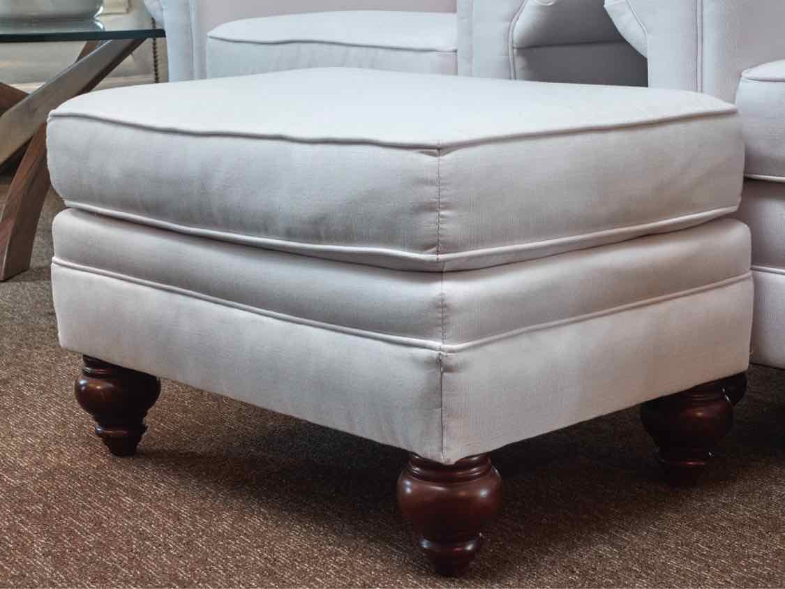 Pair Of White Sunbrella Upholstered Rolled Arm Chairs & Ottoman