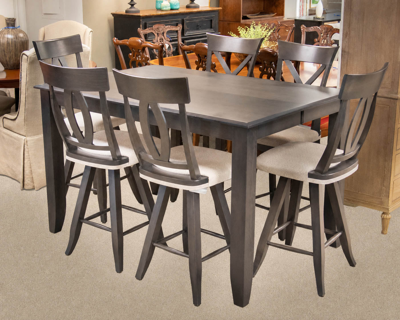 Canadel Expanding Pub-Height Table & Set of 6 Counter Stools in Grey Finish