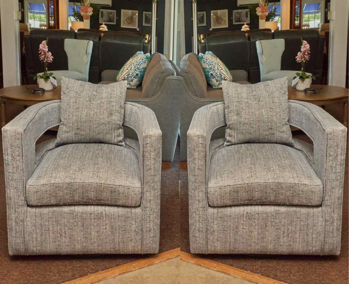 Pair of Swivel Contemporary  Sky Blue & Ivory Fleck Upholstered Chairs