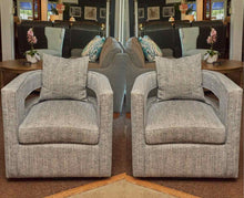 Pair of Swivel Contemporary  Sky Blue & Ivory Fleck Upholstered Chairs