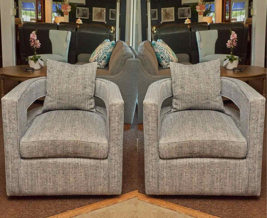 Pair of Swivel Contemporary  Sky Blue & Ivory Fleck Upholstered Chairs
