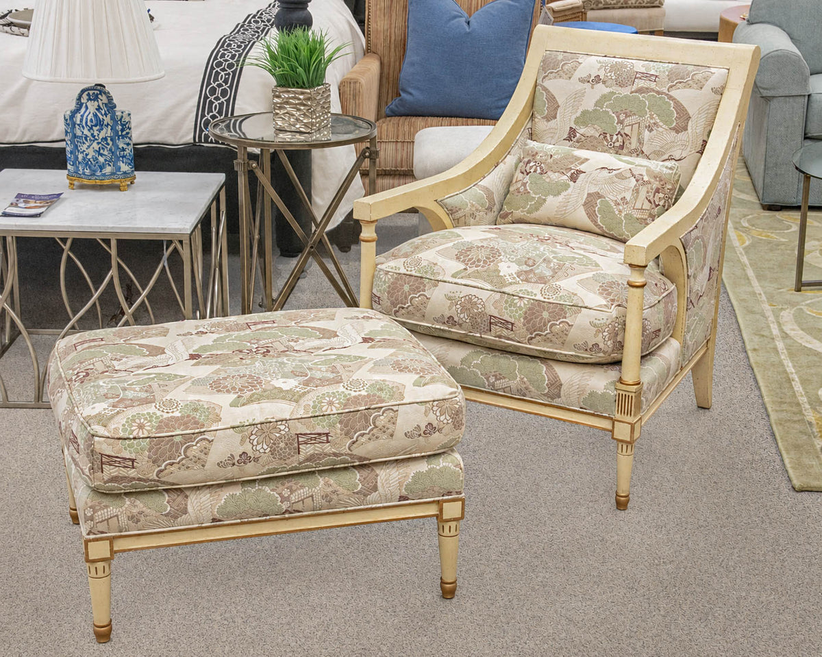 Baker Arm Chair & Ottoman Set Wood Framed with Green Brown and Cream Upholstery