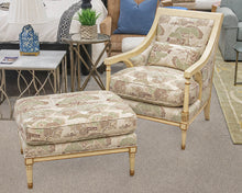 Baker Arm Chair & Ottoman Set Wood Framed with Green Brown and Cream Upholstery