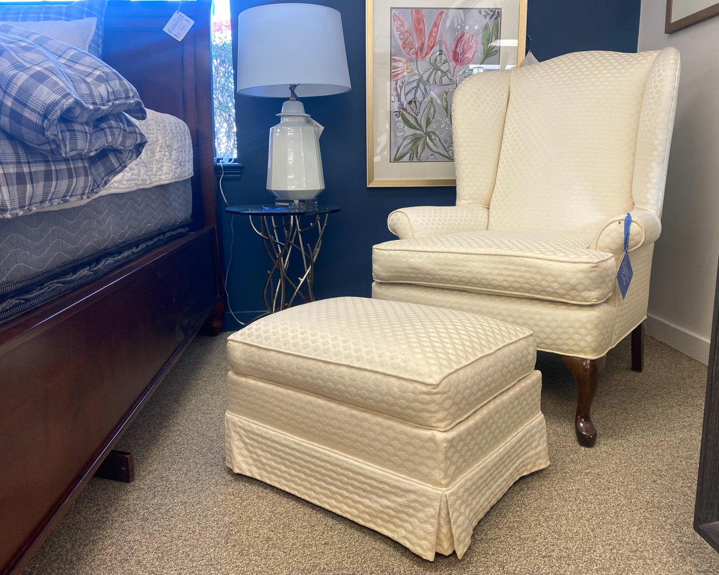 Cream Tone on Tone Print Wing Chair & Ottoman