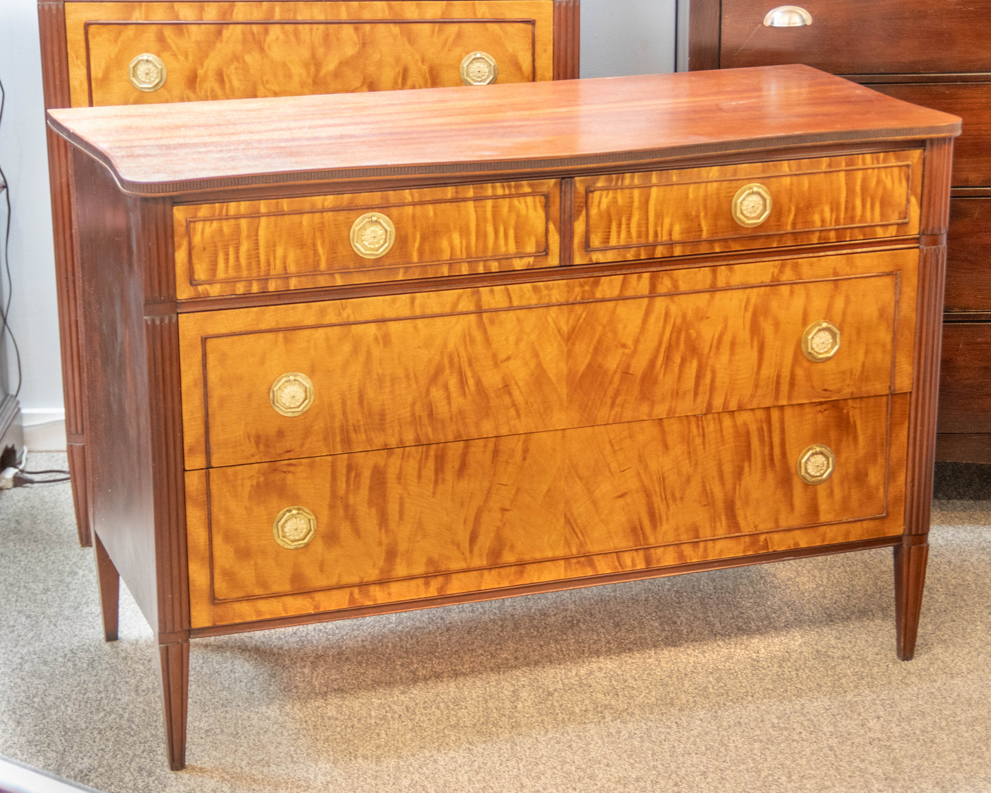 Paine Mahogany Bow Front Dresser W/ 3 Satin Wood Drawers