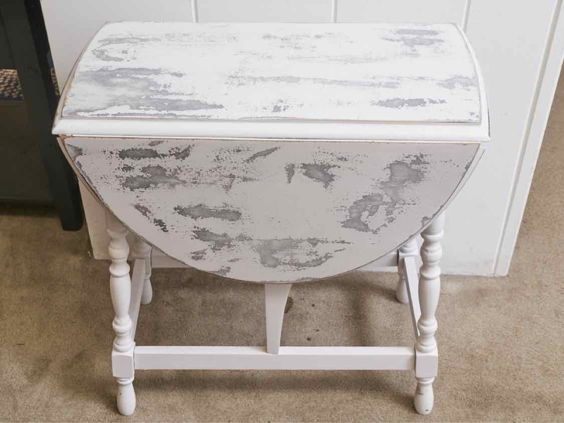 White Distressed  Finish Drop Leaf Turned Leg  Side Table