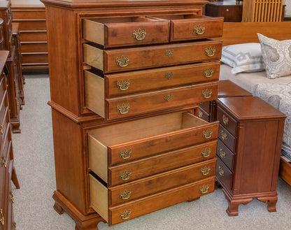 Cherry Wood Six Drawer Chest On Chest In Chestnut Finish W/ Brass Bail Pulls