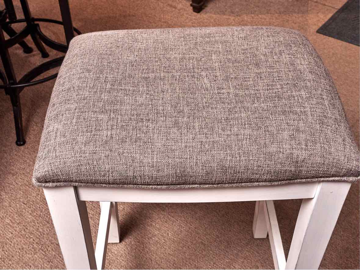 White Finish Console/ Island Includes 2  Gray Cushion Stools