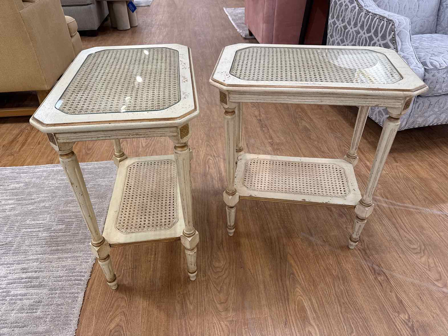 Domain Pair of Glass-Top Cane Side Tables