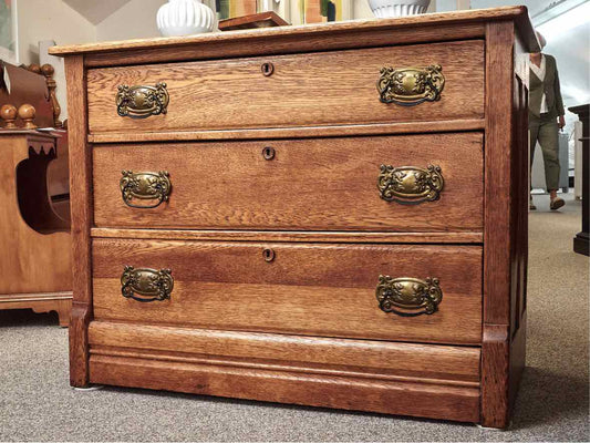 Golden Oak 3 Drawer Chest w/ Ornate Brass Hardware