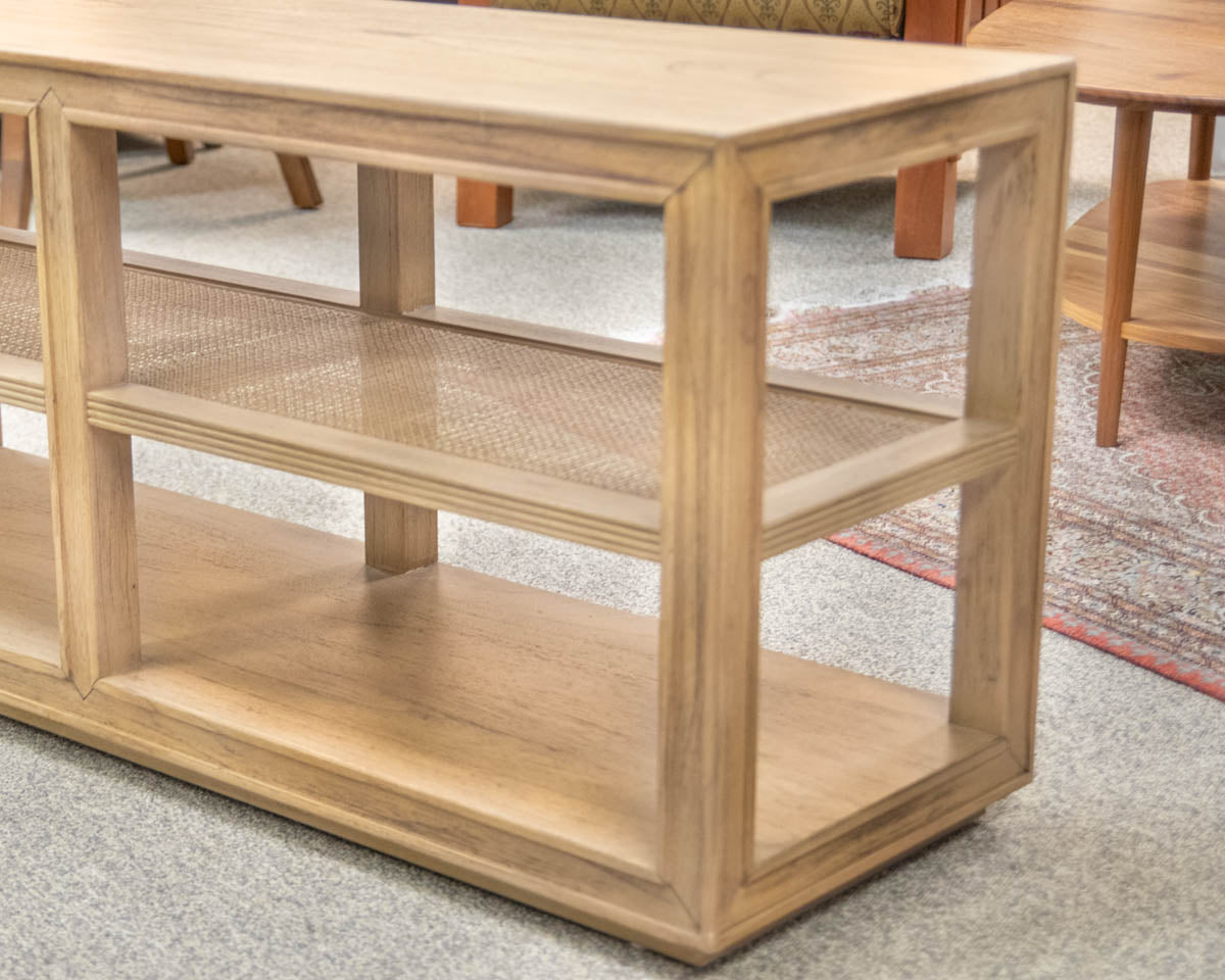 Arhaus Console with Open Shelves in Light Finish Oak and Rattan