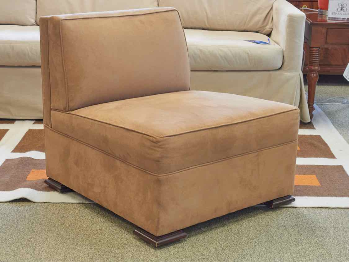 Pair of Mocha Microsuede Slipper Chairs with Ottoman