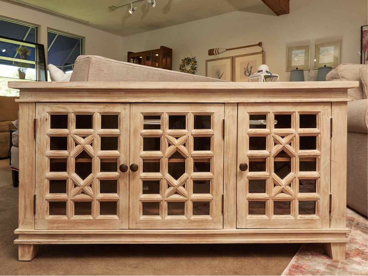 Distressed Rustic  White Finish 3 Glass Door Media Furniture