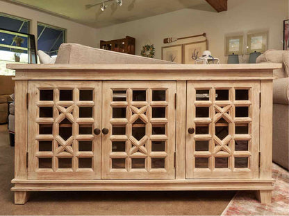 Distressed Rustic  White Finish 3 Glass Door Media Furniture