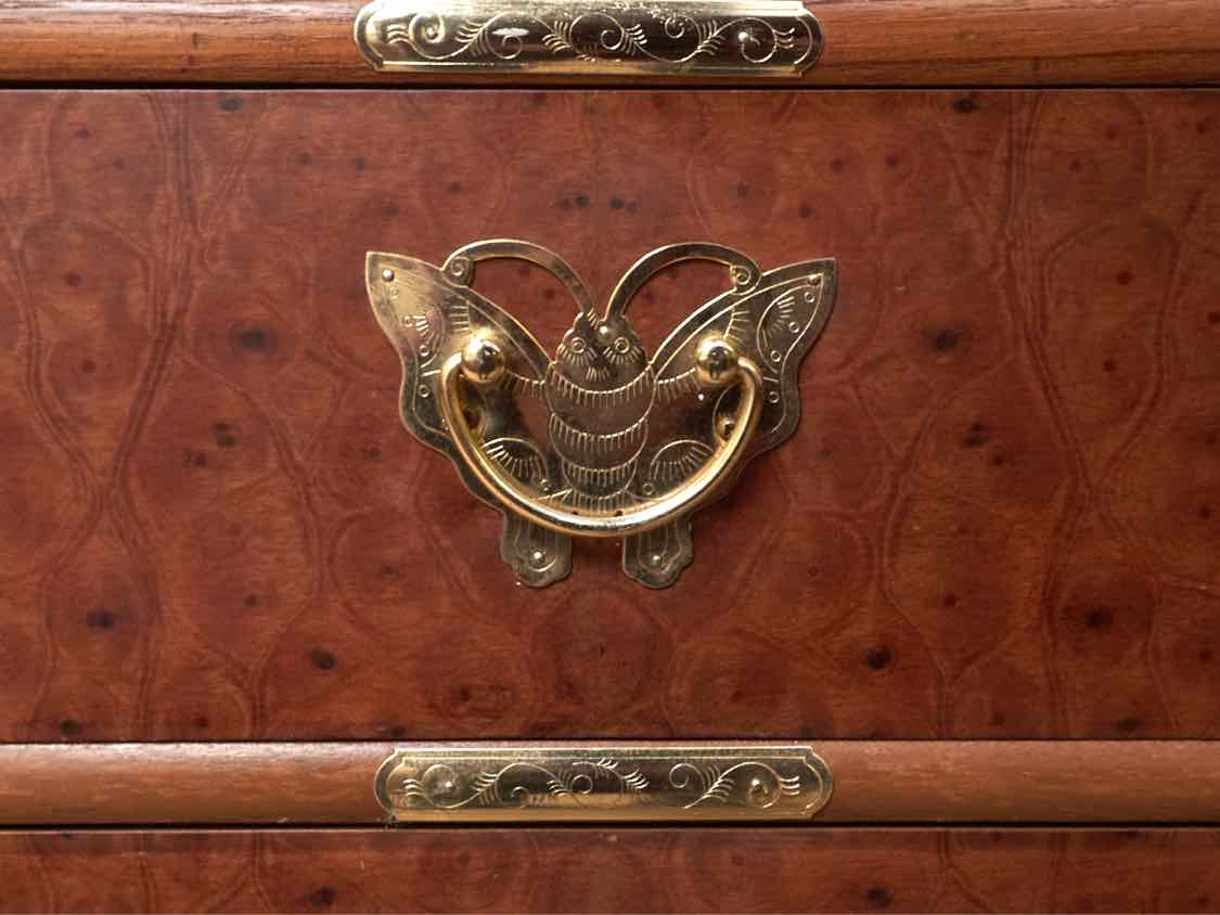 Asian Burled Walnut 5 Door Lingerie Chest with Brass Moth Handles