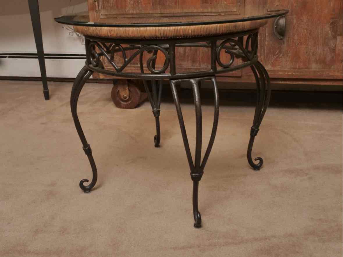 Round Glass Top Rattan & Metal Side Table