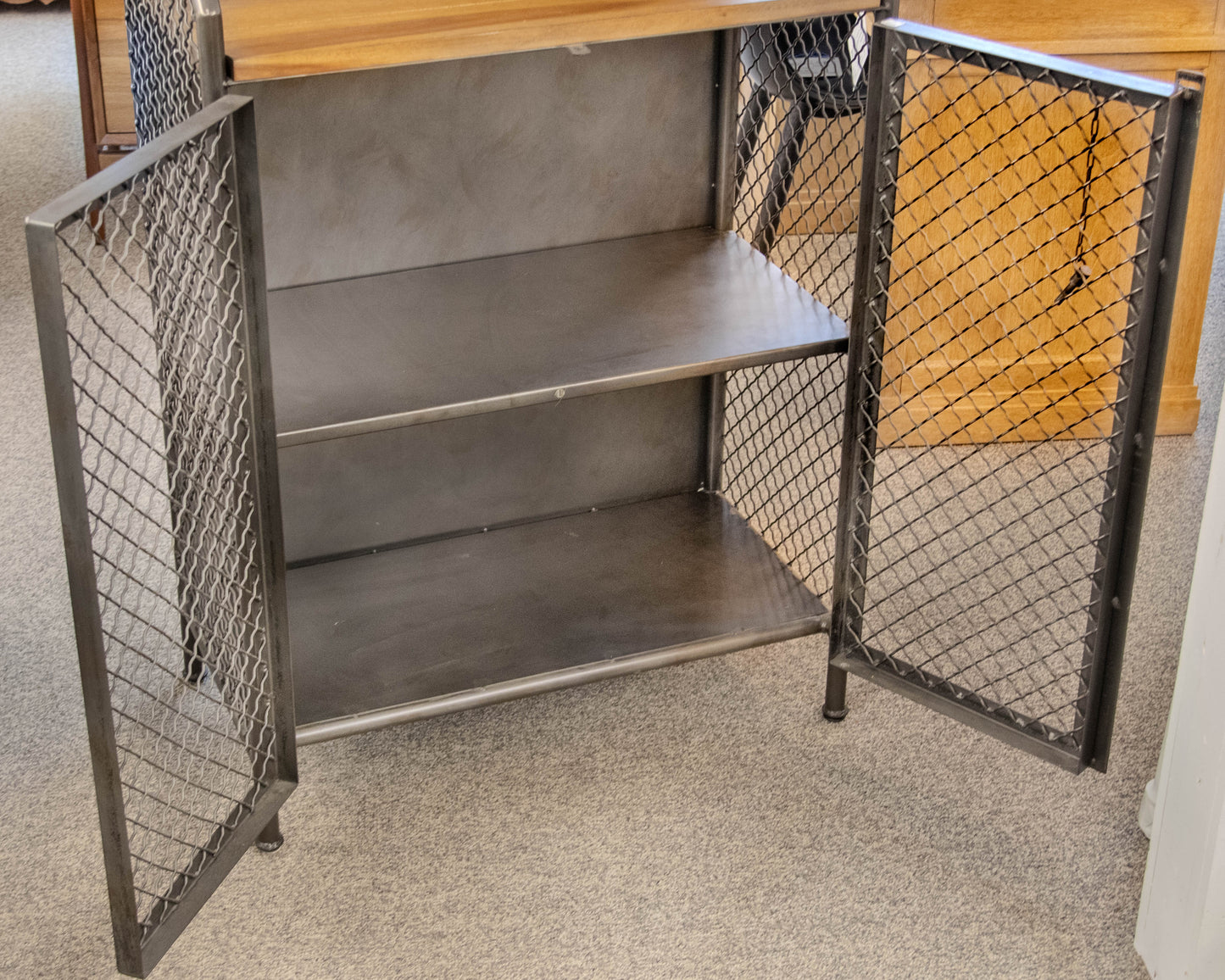 Industrial Bar Cabinet in Steel Mesh with Plank Reclaimed Wood Top