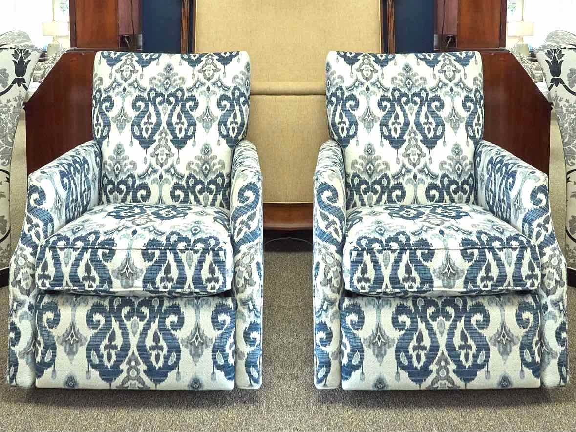 Pair of Arhaus Swivel Recliner in Blue, White and Grey Ikat Fabric