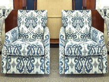 Pair of Arhaus Swivel Recliner in Blue, White and Grey Ikat Fabric