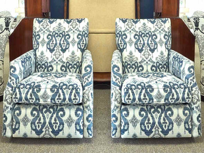 Pair of Arhaus Swivel Recliner in Blue, White and Grey Ikat Fabric