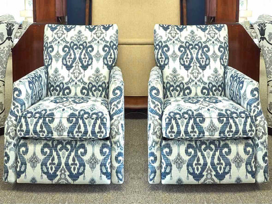 Pair of Arhaus Swivel Recliner in Blue, White and Grey Ikat Fabric