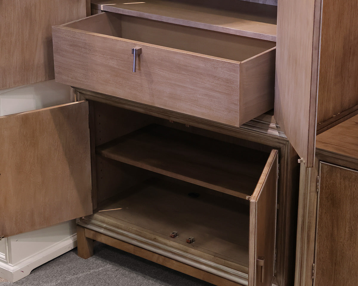 Hickory White Custom Tall Cabinet in Drifted Wood with Silver Trim