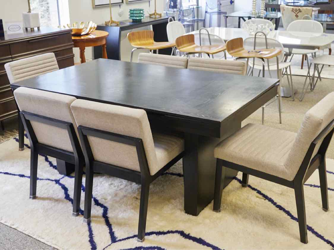 Black Finish Table & 6 Side Chair Set with Light Grey Upholstery