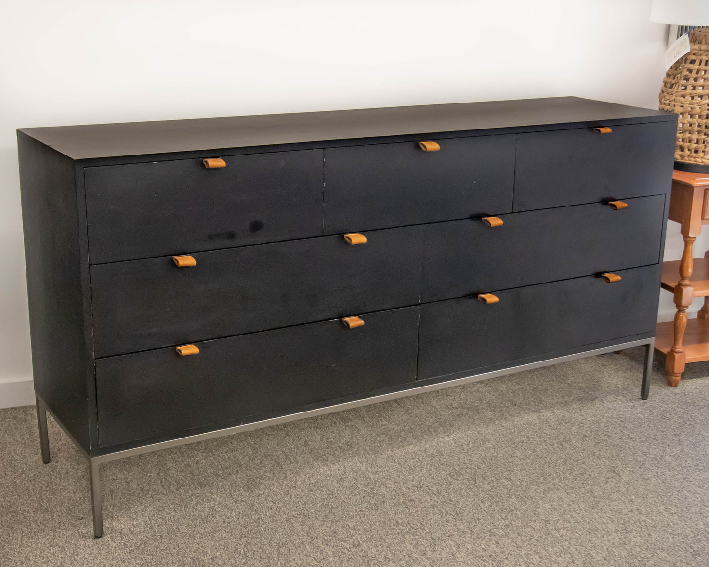 Four Hands 7 Drawer Trey Dresser In Black Wash Poplar Finish On Slim Iron Legs