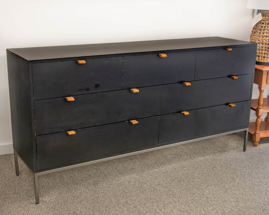 Four Hands 7 Drawer Trey Dresser In Black Wash Poplar Finish On Slim Iron Legs