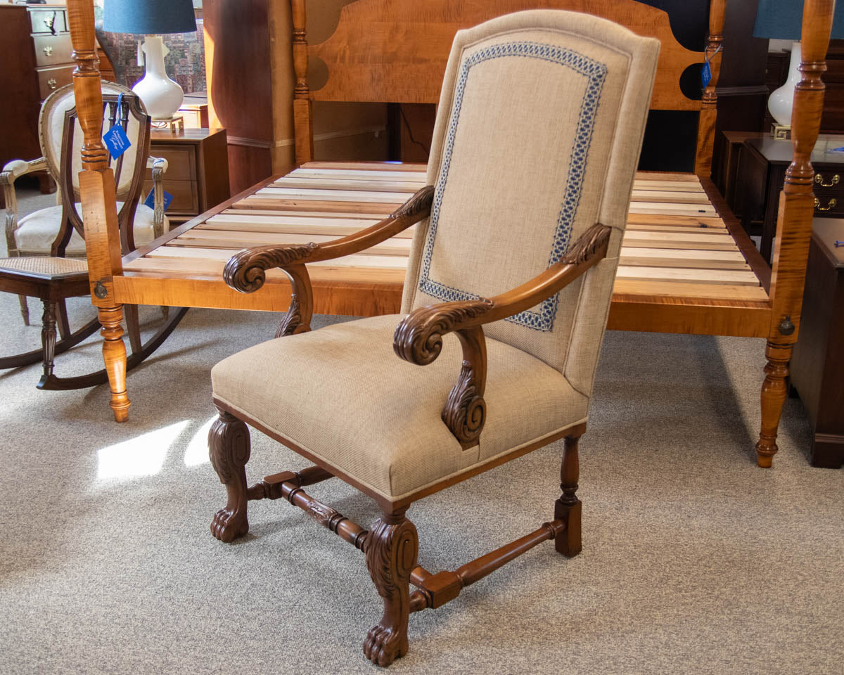 Pair of  Upholstered Burlap  Host & Hostess Carved Arm Dining Chairs