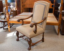 Pair of  Upholstered Burlap  Host & Hostess Carved Arm Dining Chairs
