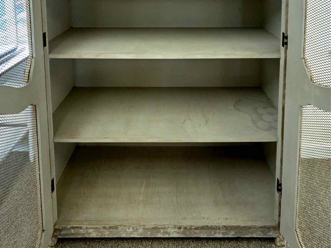 Rustic French Inspired Display Cabinets in Grey Finish with Wire Mesh Doors