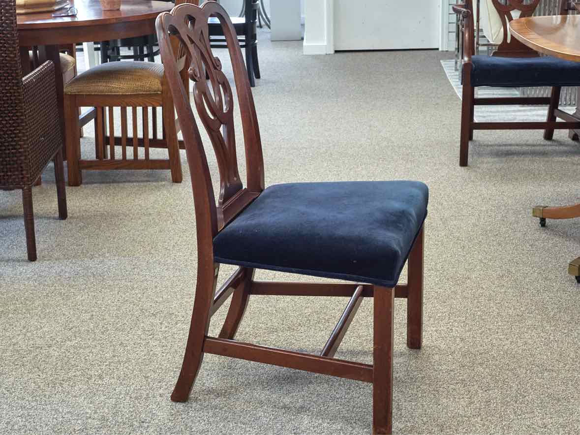Set of 8 Carved Mahogany Dining Chairs with Dark Blue Velvet Seats