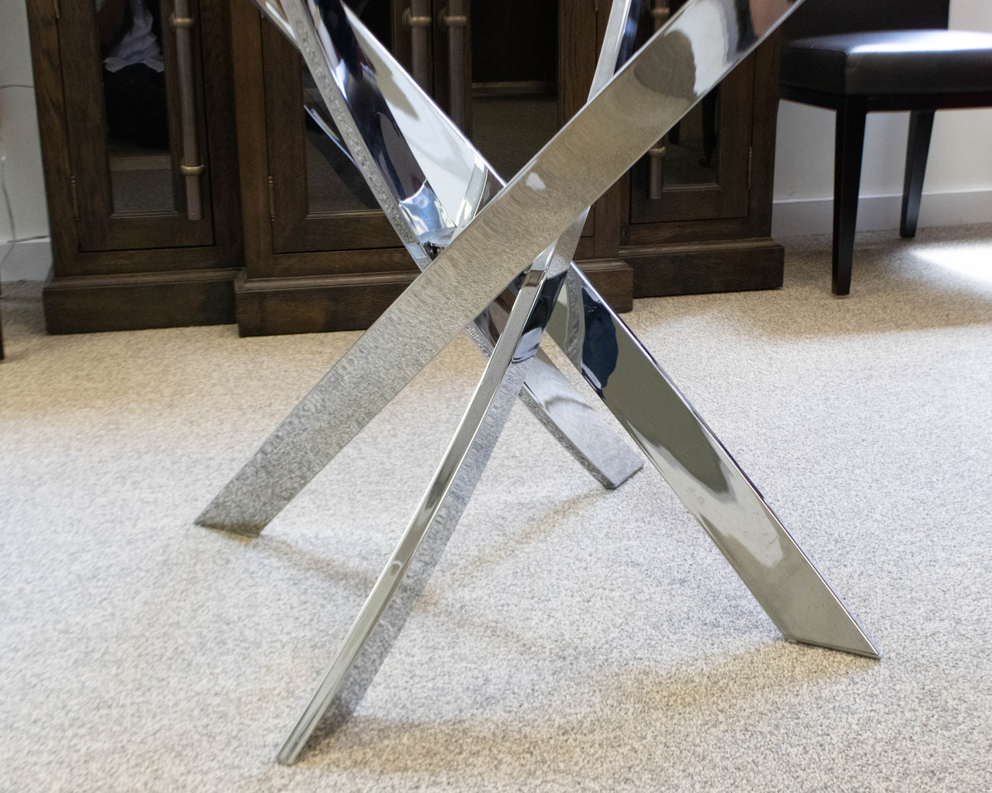 Round Contemporary Glass Top Dining Table on Angled Chrome Base