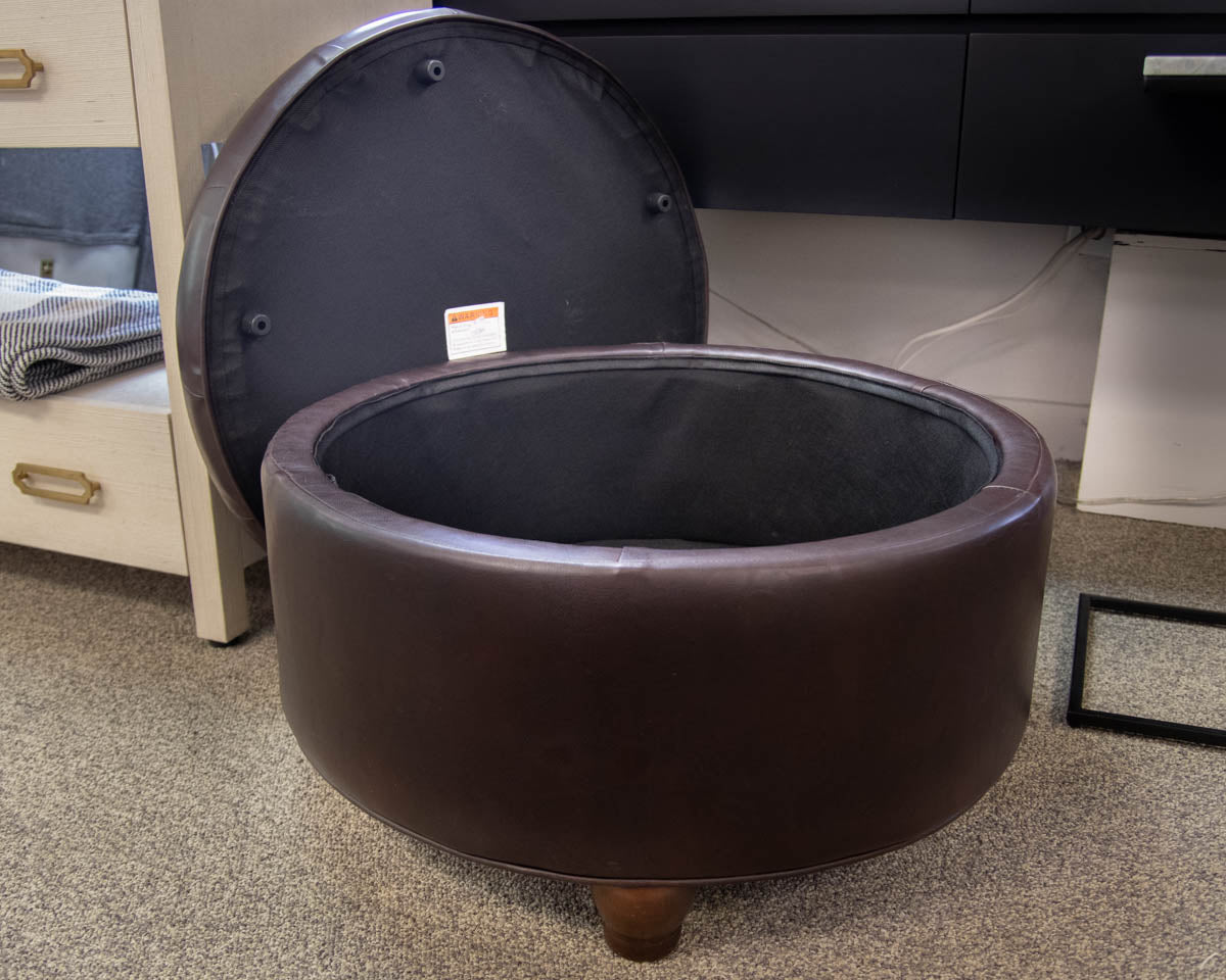 Round Button-Tufted Storage Ottoman in Dark Brown Faux Leather