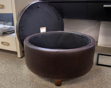 Round Button-Tufted Storage Ottoman in Dark Brown Faux Leather