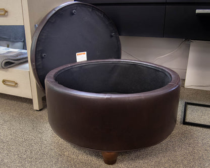 Round Button-Tufted Storage Ottoman in Dark Brown Faux Leather