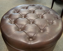 Round Button-Tufted Storage Ottoman in Dark Brown Faux Leather