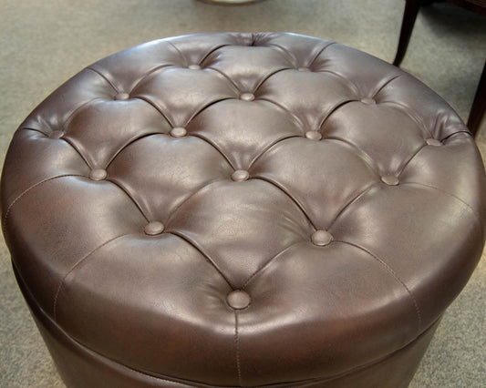 Round Button-Tufted Storage Ottoman in Dark Brown Faux Leather