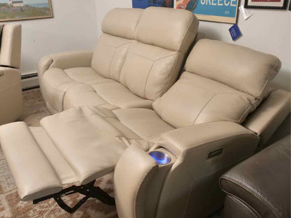 Motomotion Home Theater Ivory Leather Drop Down Console Power Recliner Sofa