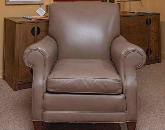 Pair Of Brunschwig & Fils Taupe Leather Club Chairs On Casters