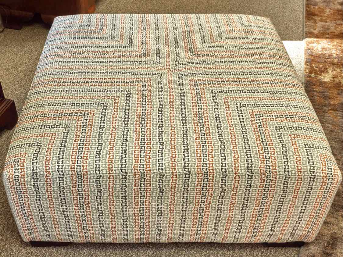 Square Ottoman in Navy, Rust, Grey & White Fabric