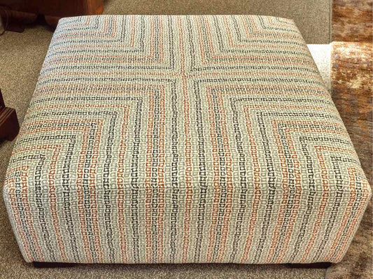 Square Ottoman in Navy, Rust, Grey & White Fabric