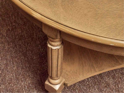 Synergy House  Stained Ash Round With Lower Shelf Turned Legs Cocktail Table