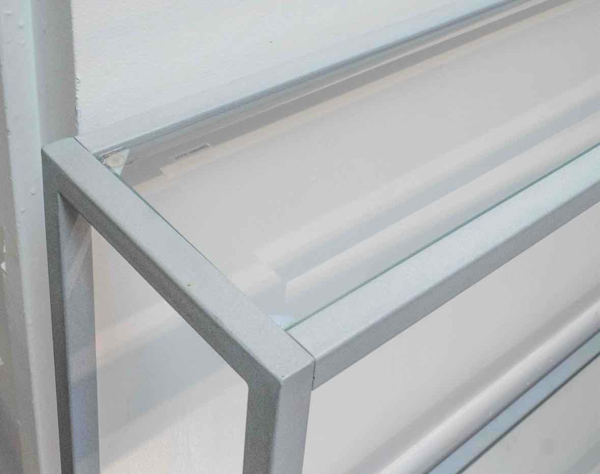 Contemporary Grey Metal Console with Glass Top & Mirrored Bottom Shelf