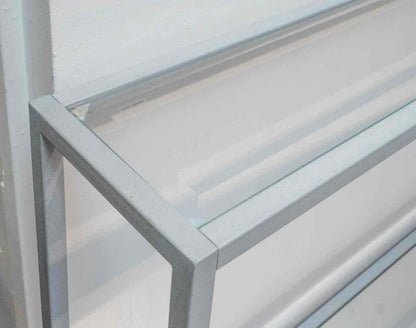 Contemporary Grey Metal Console with Glass Top & Mirrored Bottom Shelf