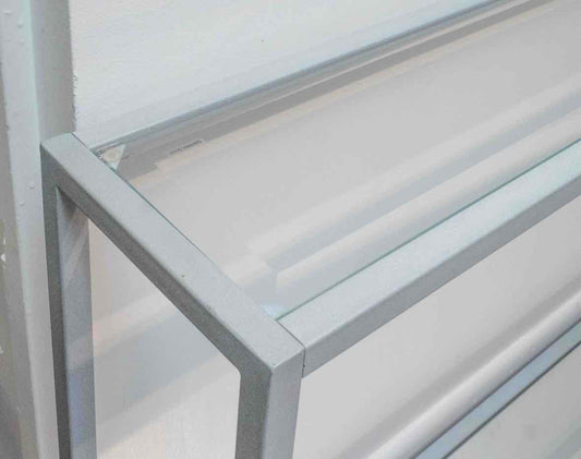 Contemporary Grey Metal Console with Glass Top & Mirrored Bottom Shelf