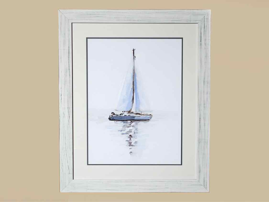 'Mirrored Sailboat I' Double Matted Art Print In White Washed Frame