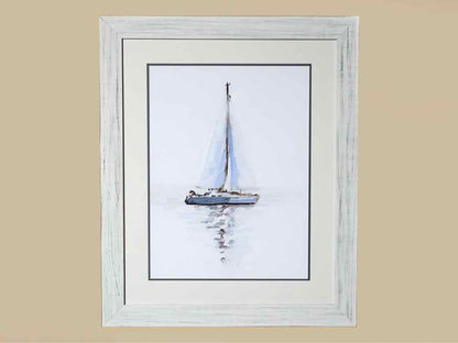 'Mirrored Sailboat I' Double Matted Art Print In White Washed Frame