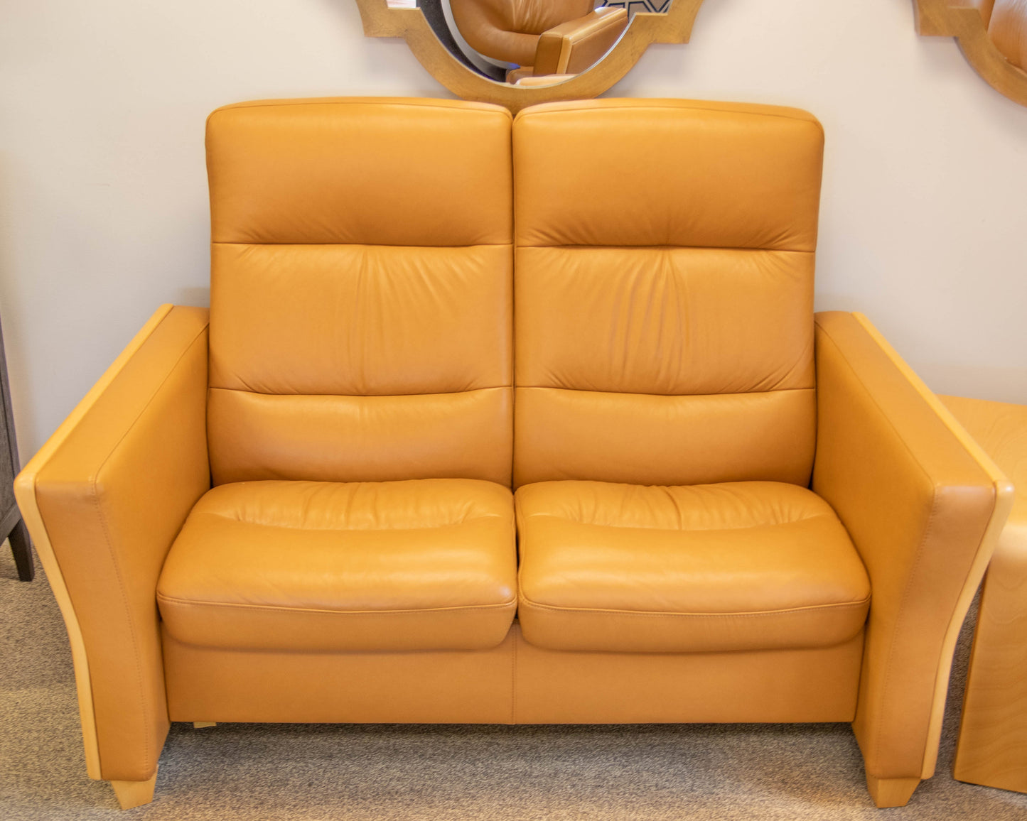 Ekornes Camel Leather High Back Reclining Loveseat